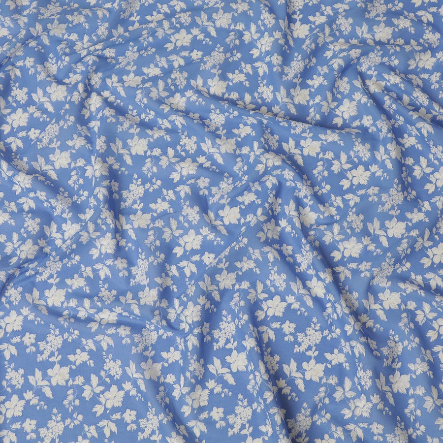 Sky blue cotton voile fabric with beige print in floral design-D15151