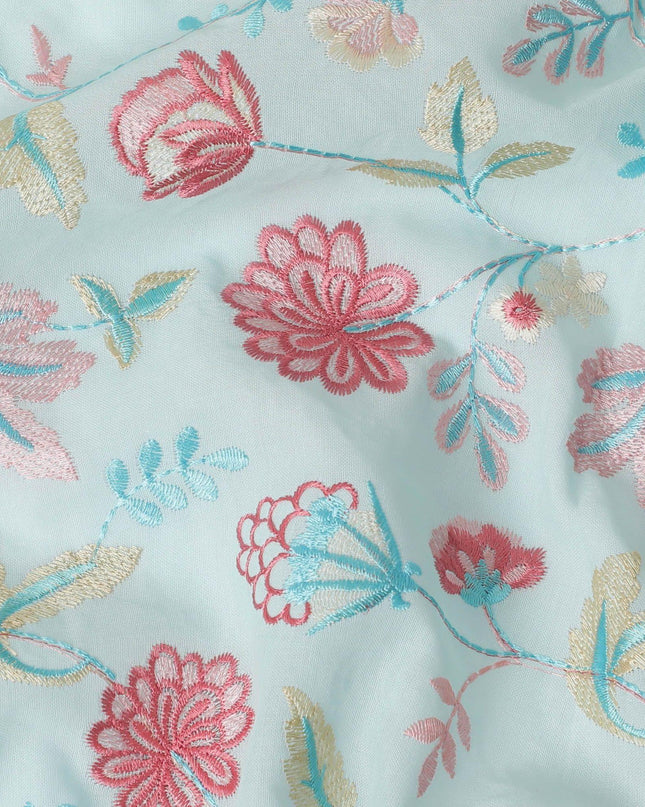 Baby blue premium pure cotton voile fabric with same tone, baby pink and beige embroidery in floral design-D13641
