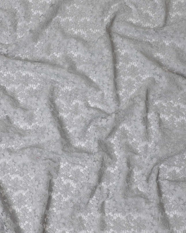 Ash grey synthetic organza fabric with same tone embroidery in floral design-D11683