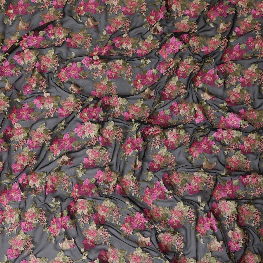 Black synthetic chiffon fabric with multicolor embroidery in floral esign-D12339