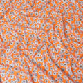Orange cotton lawn fabric with off white, silver grey and copper brown print in floral design-D10848