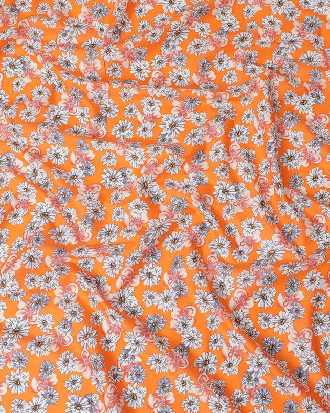 Orange cotton lawn fabric with off white, silver grey and copper brown print in floral design-D10848 Regal Fabrics