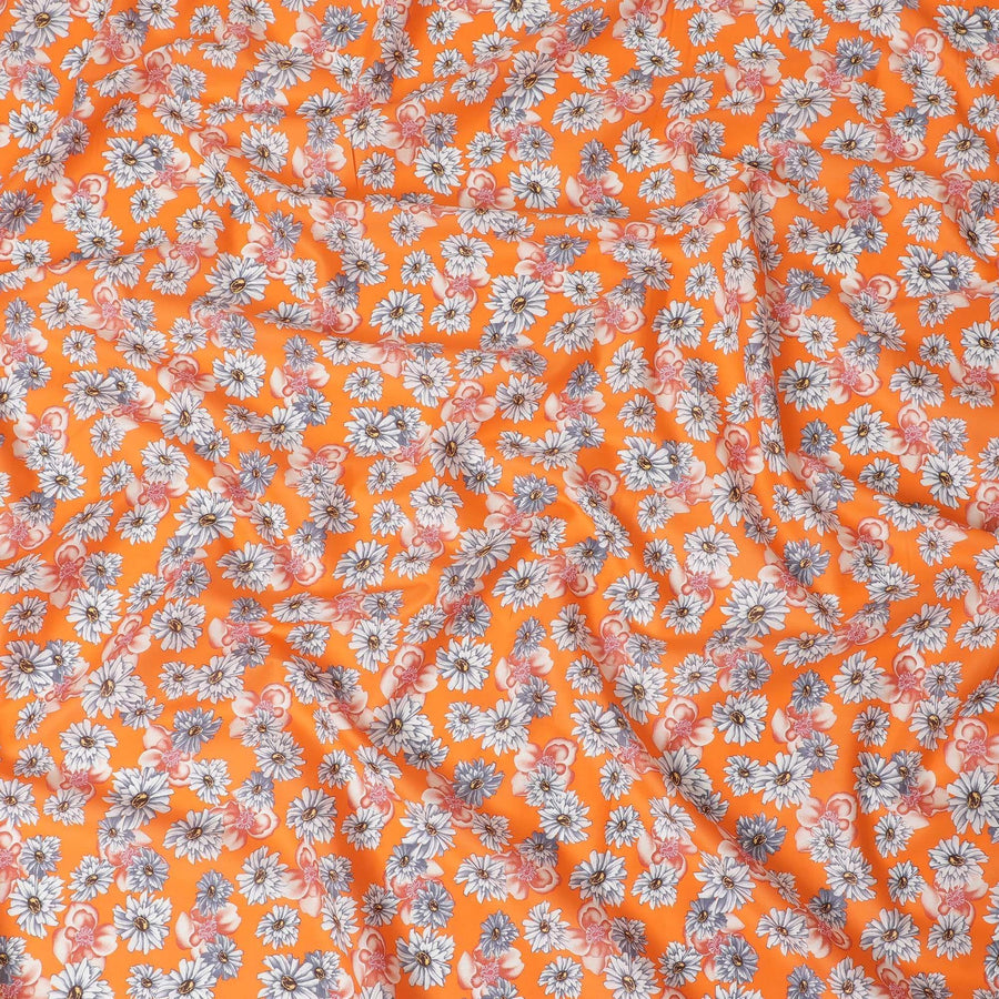Orange cotton lawn fabric with off white, silver grey and copper brown print in floral design-D10848