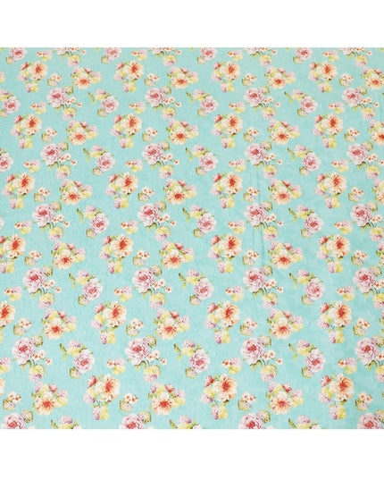 Vista blue uragiri cotton voile fabric with same tone jacquard having olive green, cerise pink, peach and off white print in floral design-D7342 Regal Fabrics