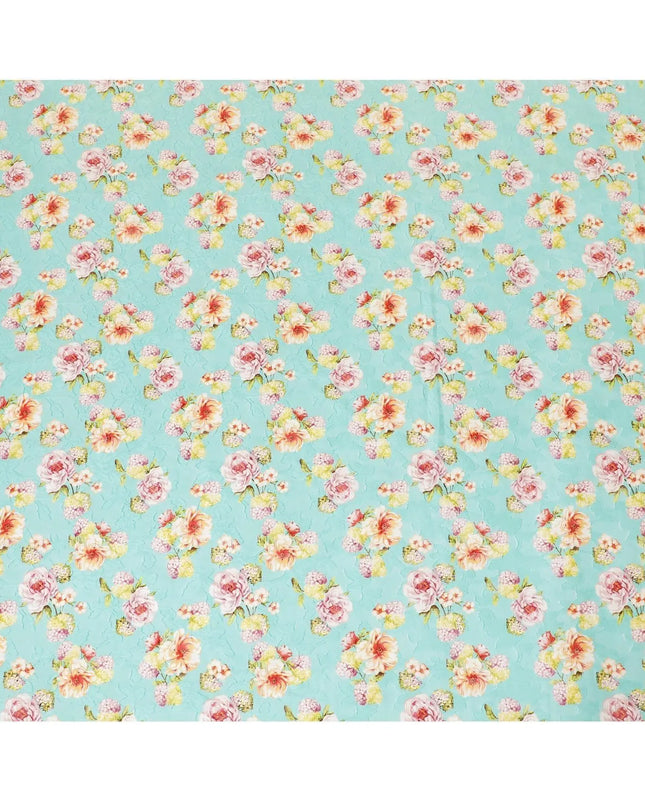 Vista blue uragiri cotton voile fabric with same tone jacquard having olive green, cerise pink, peach and off white print in floral design-D7342 Regal Fabrics