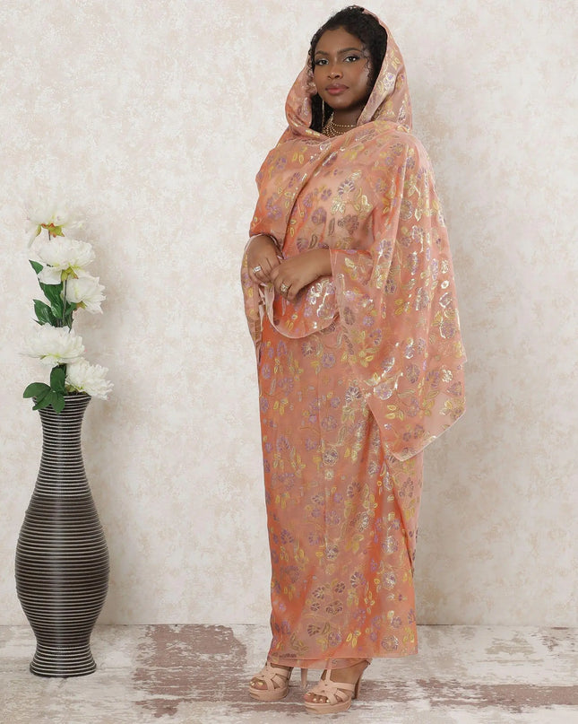 Salmon pink Premium pure silk chiffon thobe with blue and sage green viscose having gold metallic lurex in floral design-D14365 Regal Fabrics