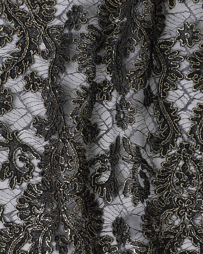 Black nylon tulle fabric with gold embroidery in fancy design