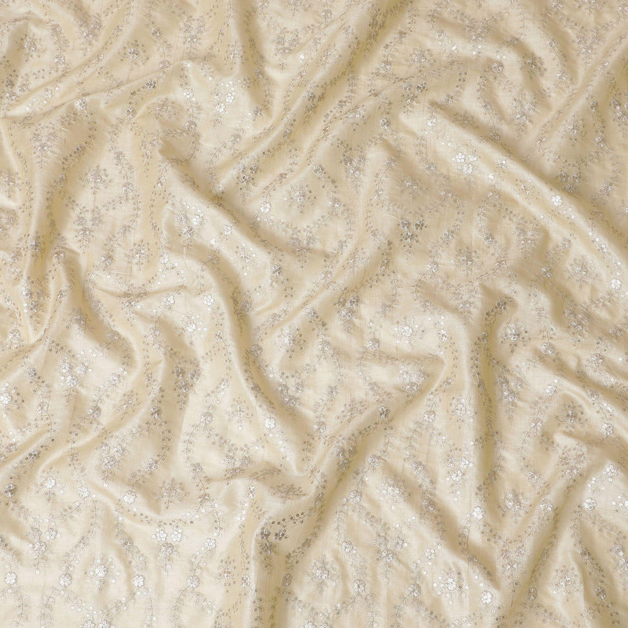 Beige Premium pure tussar silk fabric with same tone embrodiery and sequins in floral design-D15443