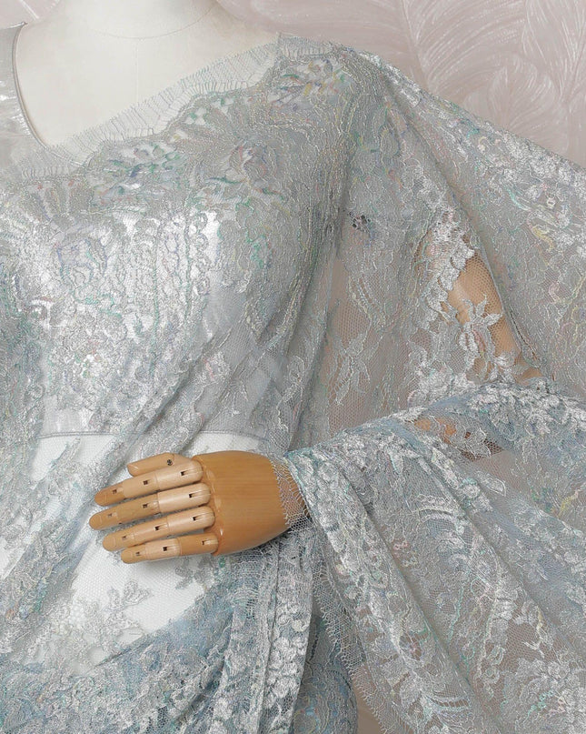 Baby blue, multicolor Premium pure metallic French chantilly lace saree in paisley design-D14916