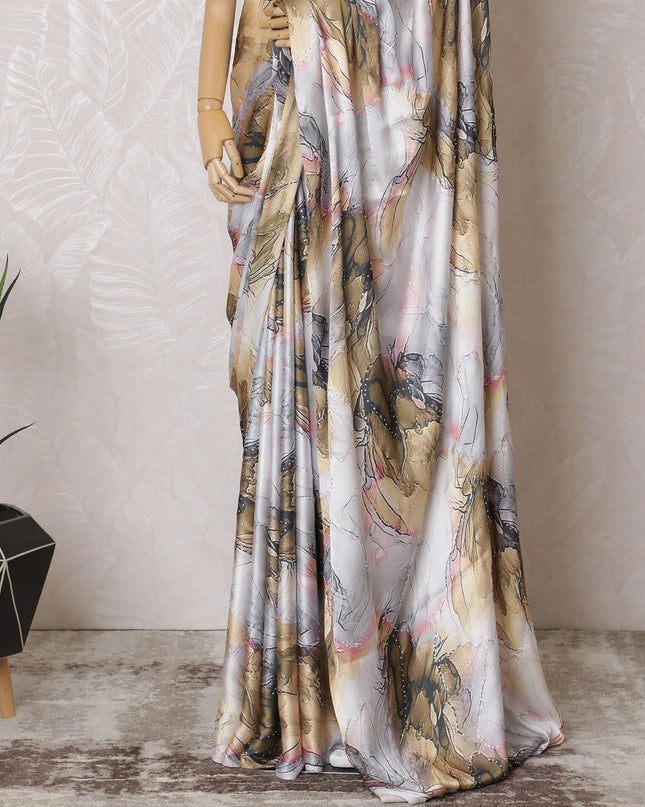 Multicolor printed synthetic satin saree having stone work in fancy deisgn-D15515 Regal Fabrics