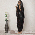 Black Premium pure French (Fransawi) silk chiffon thobe with maroon viscose and black metallic lurex in floral design-D14374