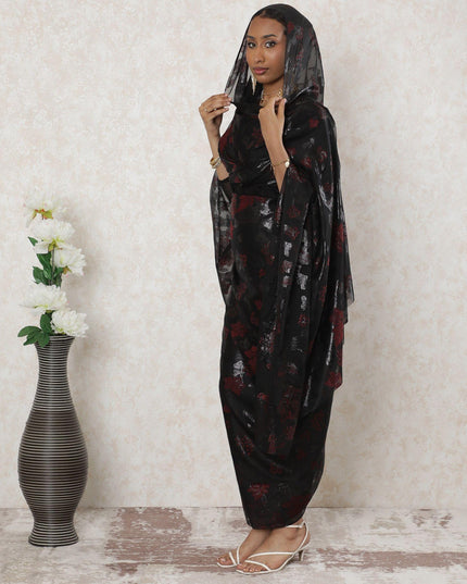 Black Premium pure French (Fransawi) silk chiffon thobe with maroon viscose and black metallic lurex in floral design-D14374