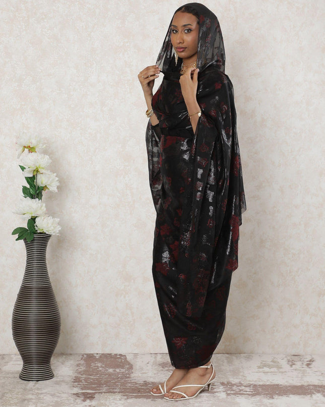 Black Premium pure French (Fransawi) silk chiffon thobe with maroon viscose and black metallic lurex in floral design-D14374