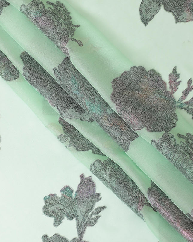 قماش الشيفون الحريري الخالص الفاخر باللون الأخضر النعناعي مع اللوريكس المعدني متعدد الألوان بتصميم الأزهار-D9699
