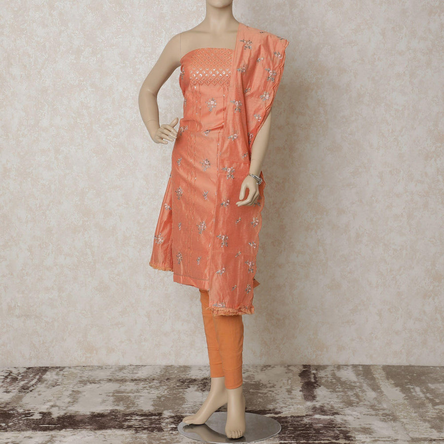 Salmon peach chanderi silk kameez with same tone and multicolor embroidery having sequins in floral design. Salmon peach plain salwar with same tone chanderi silk dupatta with multicolor embroidery-D12620