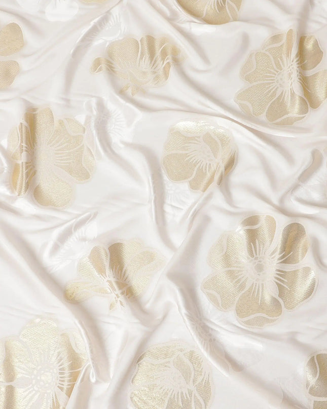 Off white premium pure silk crepe fabric with gold metallic lurex in floral design-D13707 Regal Fabrics