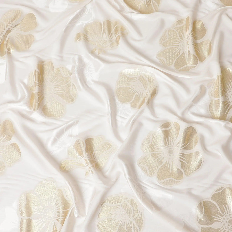Off white premium pure silk crepe fabric with gold metallic lurex in floral design-D13707 Regal Fabrics