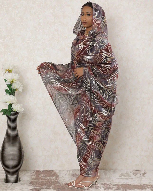 Multicolor Premium pure silk chiffon thobe with gold metallic lurex in abstract design-D14395 Regal Fabrics