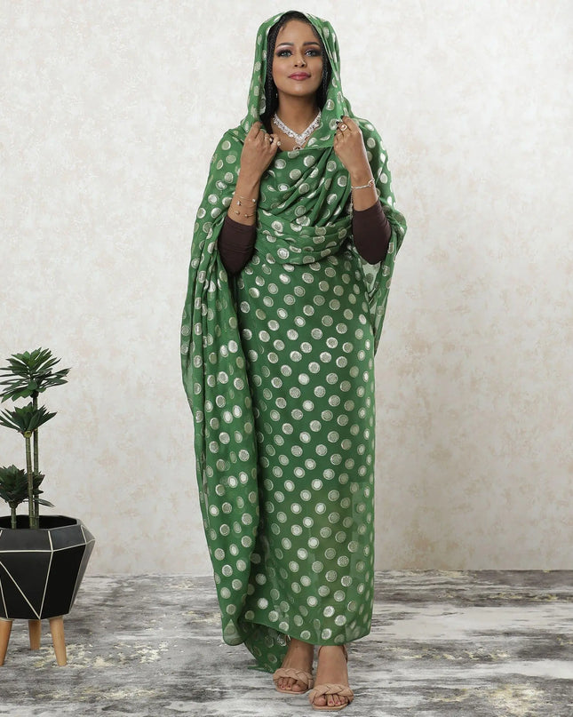 Pastel green Premium pure silk chiffon fabric with gold metallic lurex in polka dot design-D9462 Regal Fabrics