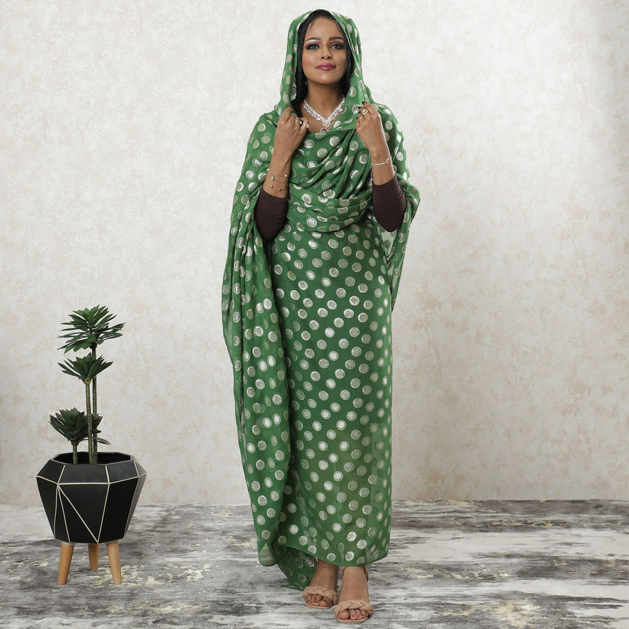 Pastel green Premium pure silk chiffon fabric with gold metallic lurex in polka dot design-D9462