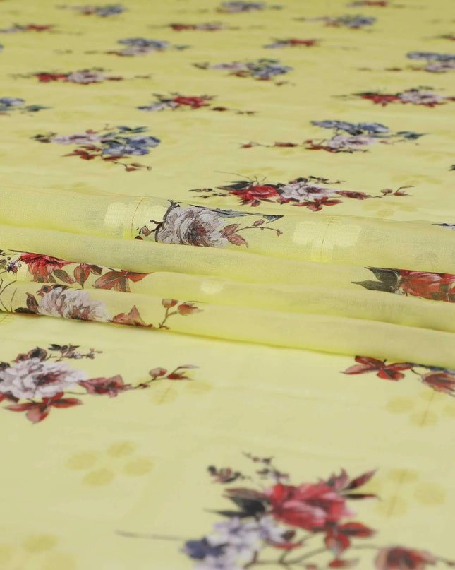 Sunflower yellow cotton voile fabric with same tone clipcord having multicolor print in floral design-D9065 Regal Fabrics