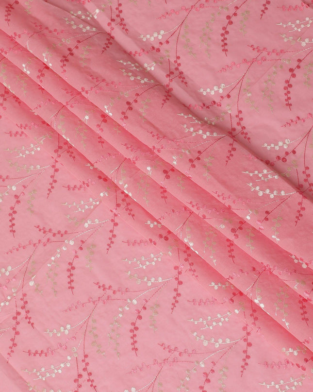 Rose pink premium pure cotton voile fabric with same tone and beige embroidery in leaf design-D13703