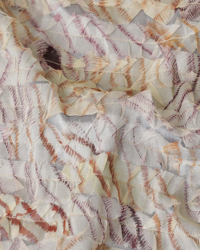 Steel grey synthetic chiffon fabric with beige and pale brown fancy embroidery in stripe design-D11762 Regal Fabrics