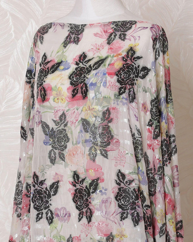 Beige Premium pure French (Fransawi) silk chiffon dirac fabric with multicolor viscose, metallic lurex having stone work in floral design-D15129