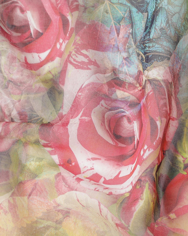 Jade green cotton voile fabric with multicolor print in floral design-D6276