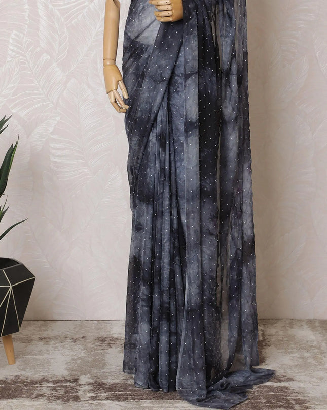 Slate grey, black Tie & die printed Premium pure French silk chiffon saree having stone work in Fancy design-D15506 Regal Fabrics