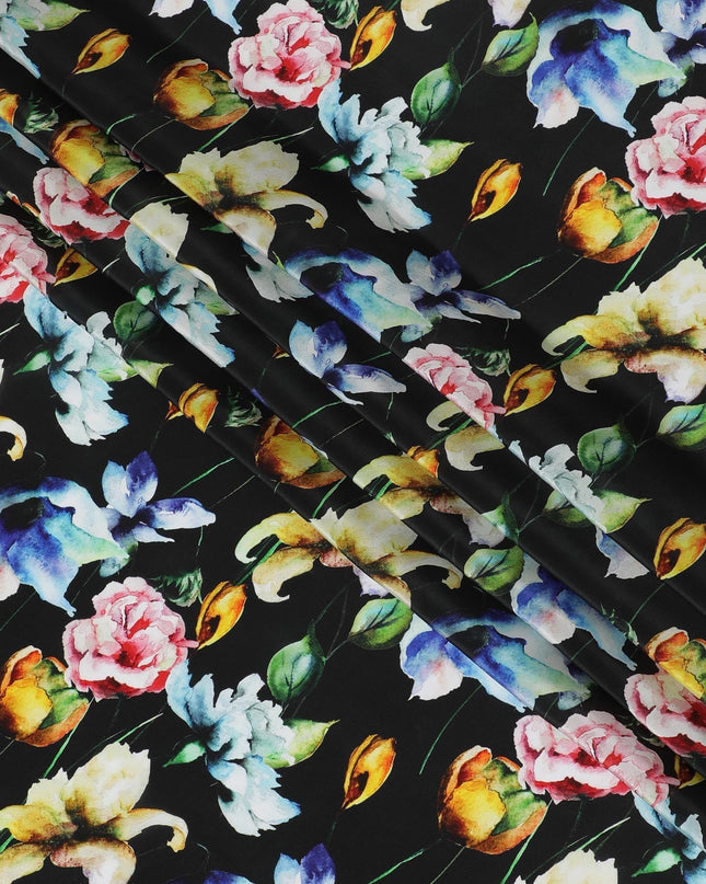 Black viscose fabric with multicolor print in floral design-D12257