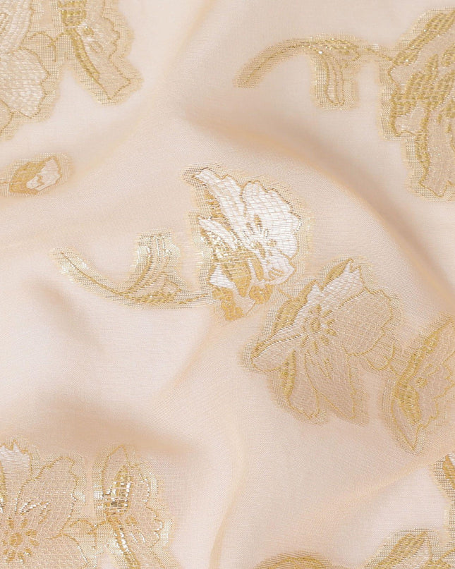 Light peach premium pure silk chiffon fabric with same tone viscose and gold metallic lurex in floral design-D13134