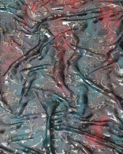 Black Premium pure silk chiffon fabric with gold metallic lurex in floral design-D12537