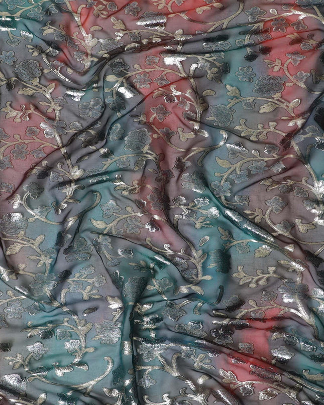 Black Premium pure silk chiffon fabric with gold metallic lurex in floral design-D12537