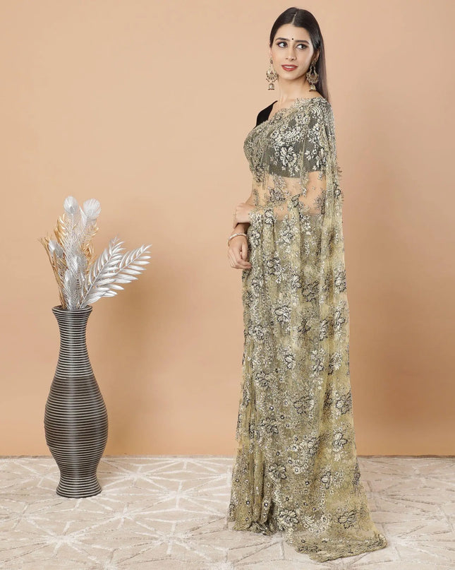 Gold, Black Premium metallic French chantilly lace saree having stone work in floral design-D8724S Regal Fabrics