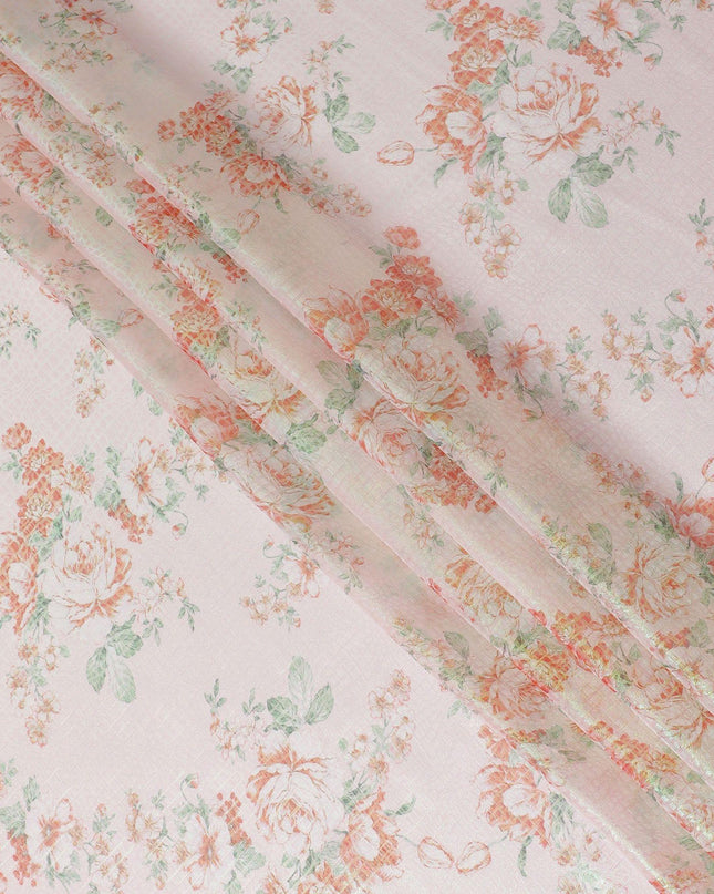 Light peach Premium pure silk chiffon fabric with multicolor print having neon green metallic lurex in floral design-D14560