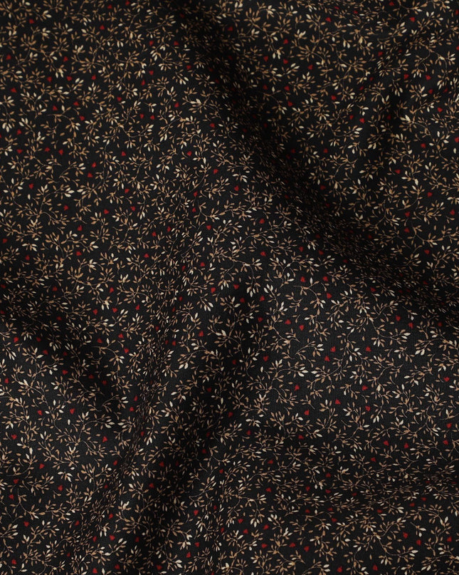 Black cotton fabric with brown and red print in fancy design-D14841
