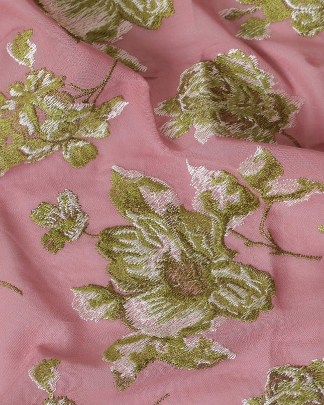 Fandango pink cotton voile fabric with beige and sage green embroidery in floral design-D14473