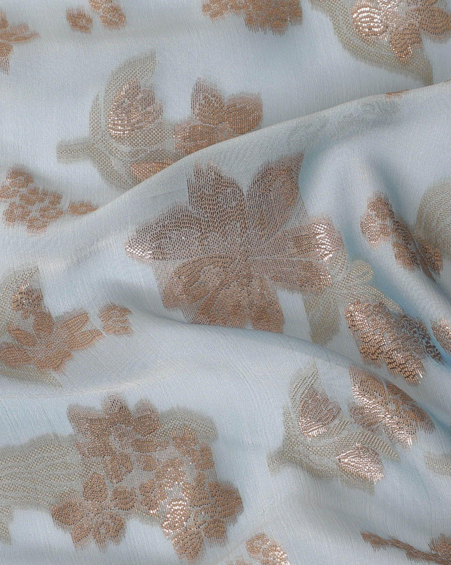 Baby blue Premium pure French (Fransawi) silk chiffon fabric with beige viscose and copper gold metallic lurex in floral design-D14280