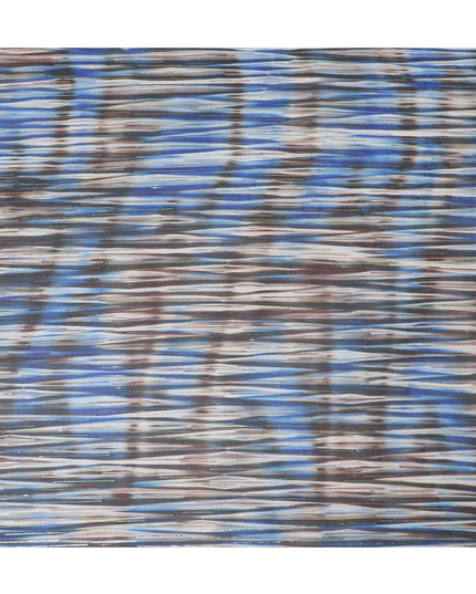 Grey premium pure silk chiffon fabric with blue print having gold and silver metallic lurex in stripe design-D13978