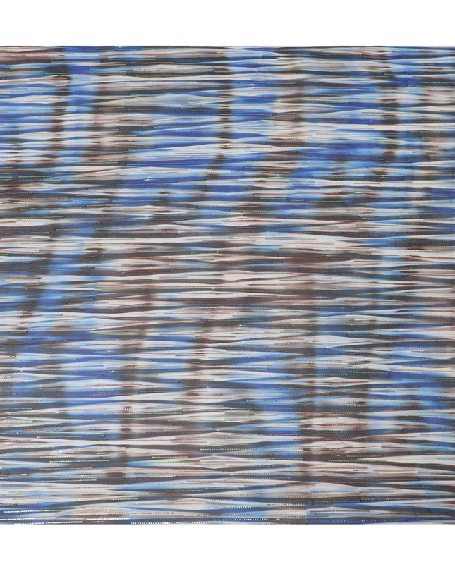 Grey premium pure silk chiffon fabric with blue print having gold and silver metallic lurex in stripe design-D13978