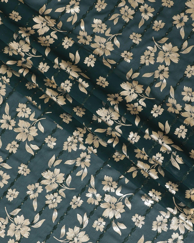 قماش جورجيت صناعي أخضر اللون مع تطريز بنفس اللون، وترتر ذهبي بطباعة رقائق ذهبية بتصميم زهور-D12232