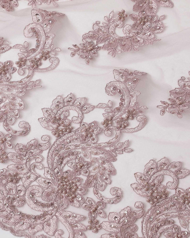 Crepe pink nylon tulle fabric with same tone embroidery, pearls, beads and sequins in floral design-D6673 Regal Fabrics