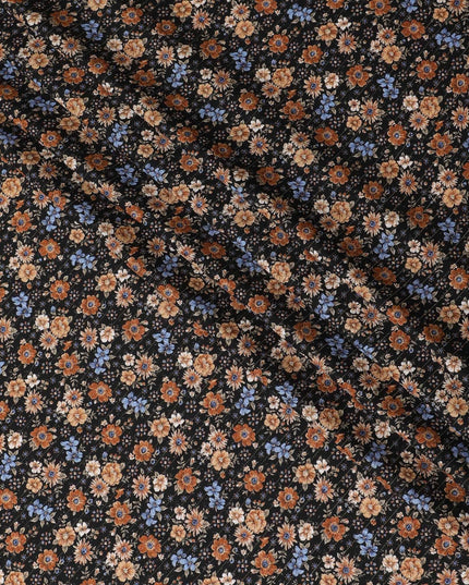 Black viscose crepe printed fabric with multi colour prints in floral design-D11158