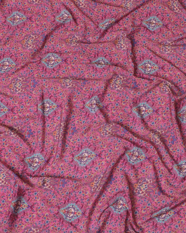 Taffy pink synthetic crepe fabric with multicolor print in floral design-D15036 Regal Fabrics