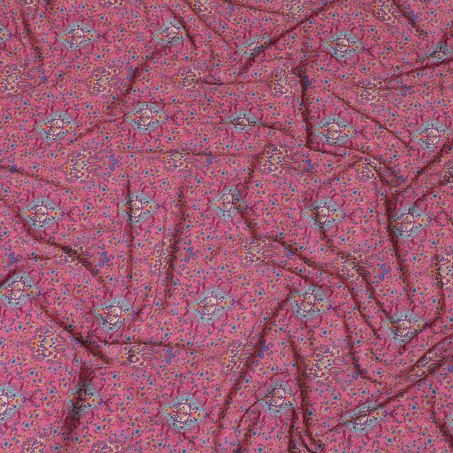 قماش كريب صناعي وردي تافي مع طباعة متعددة الألوان بتصميم الأزهار-D15036