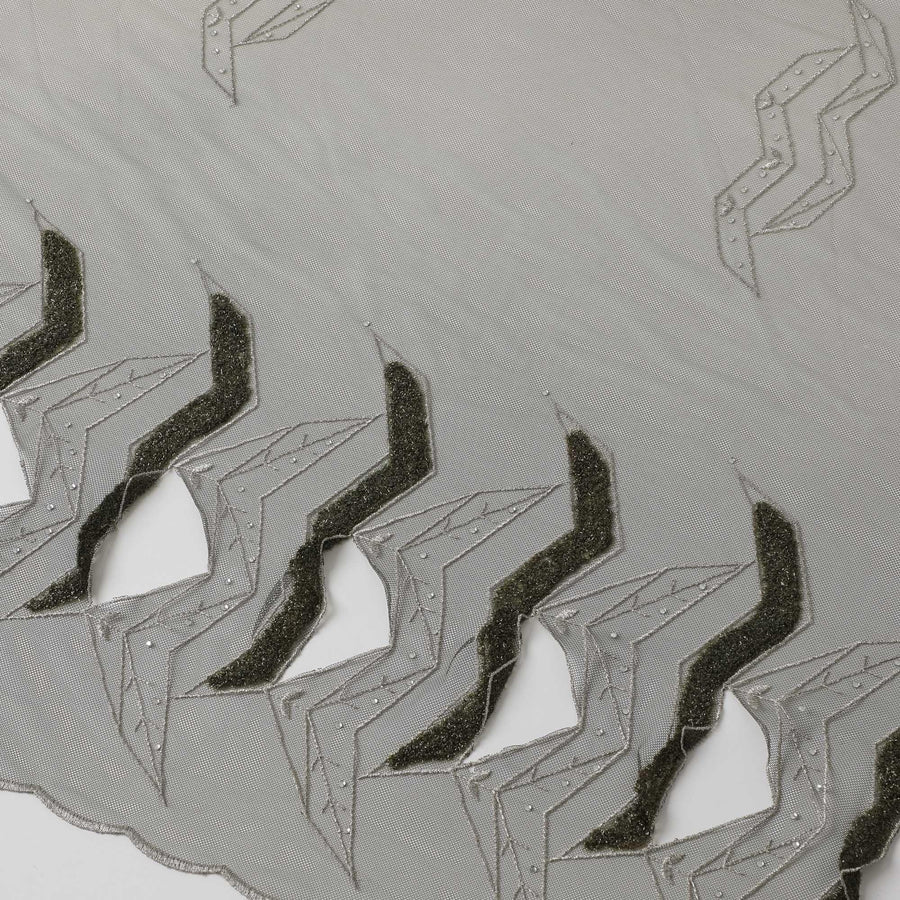 Pine green to Fern green ombre nylon tulle fabric with embroidery  and cut work in abstract design