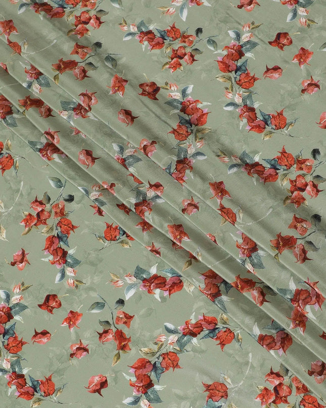Moss green viscose crepe fabric with multicolor print in floral design-D13816 Regal Fabrics