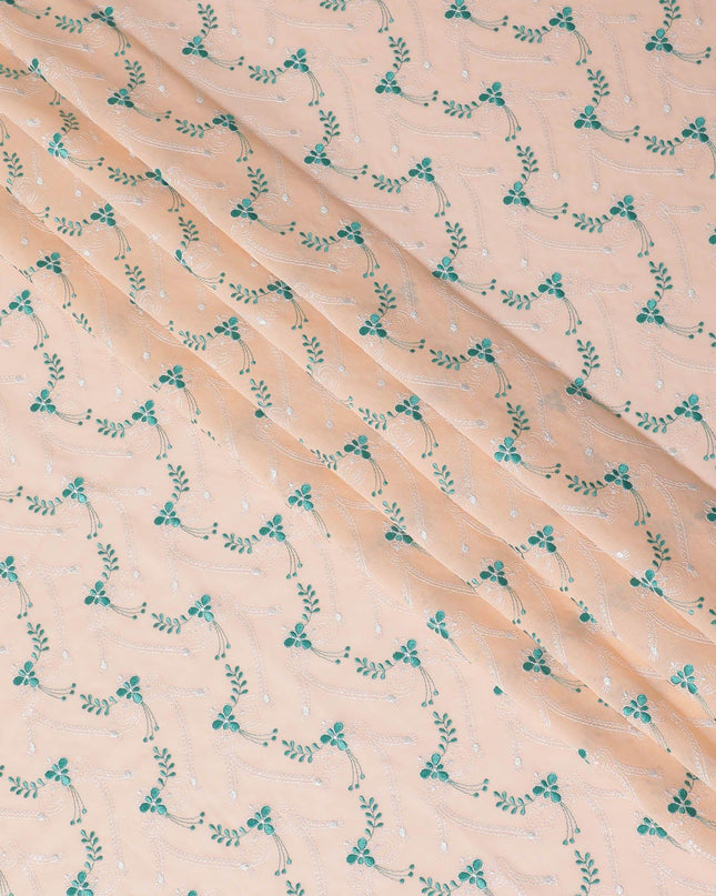 Light peach Premium 100% Swiss cotton voile (Sudanese Thobe) fabric with teal green and silver embrodiery in floral design-D13519