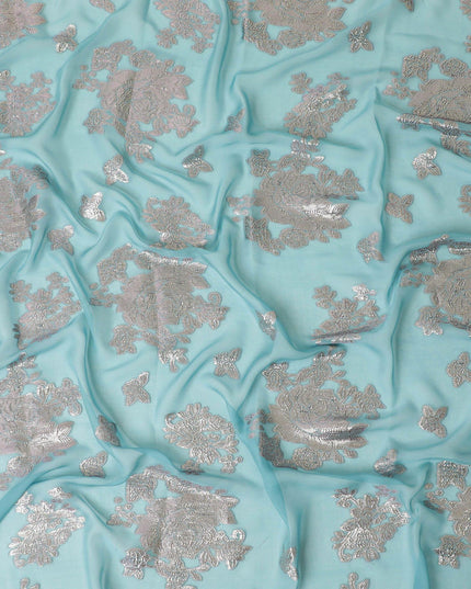 Baby blue premium pure silk chiffon garbasaar with rose pink and silver metallic lurex in floral design-D11536